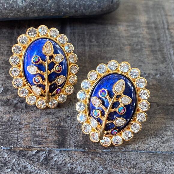 NEW Floral Rhinestone and Lapis Statement Earrings - Picture 9 of 16